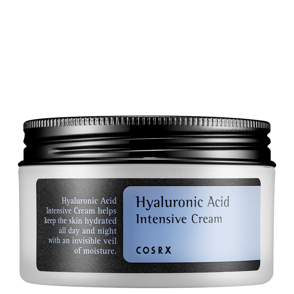 Weiße Tiegel mit schwarzem Deckel, enthaltend Hyaluronsäure Intensive Creme von COSRX.