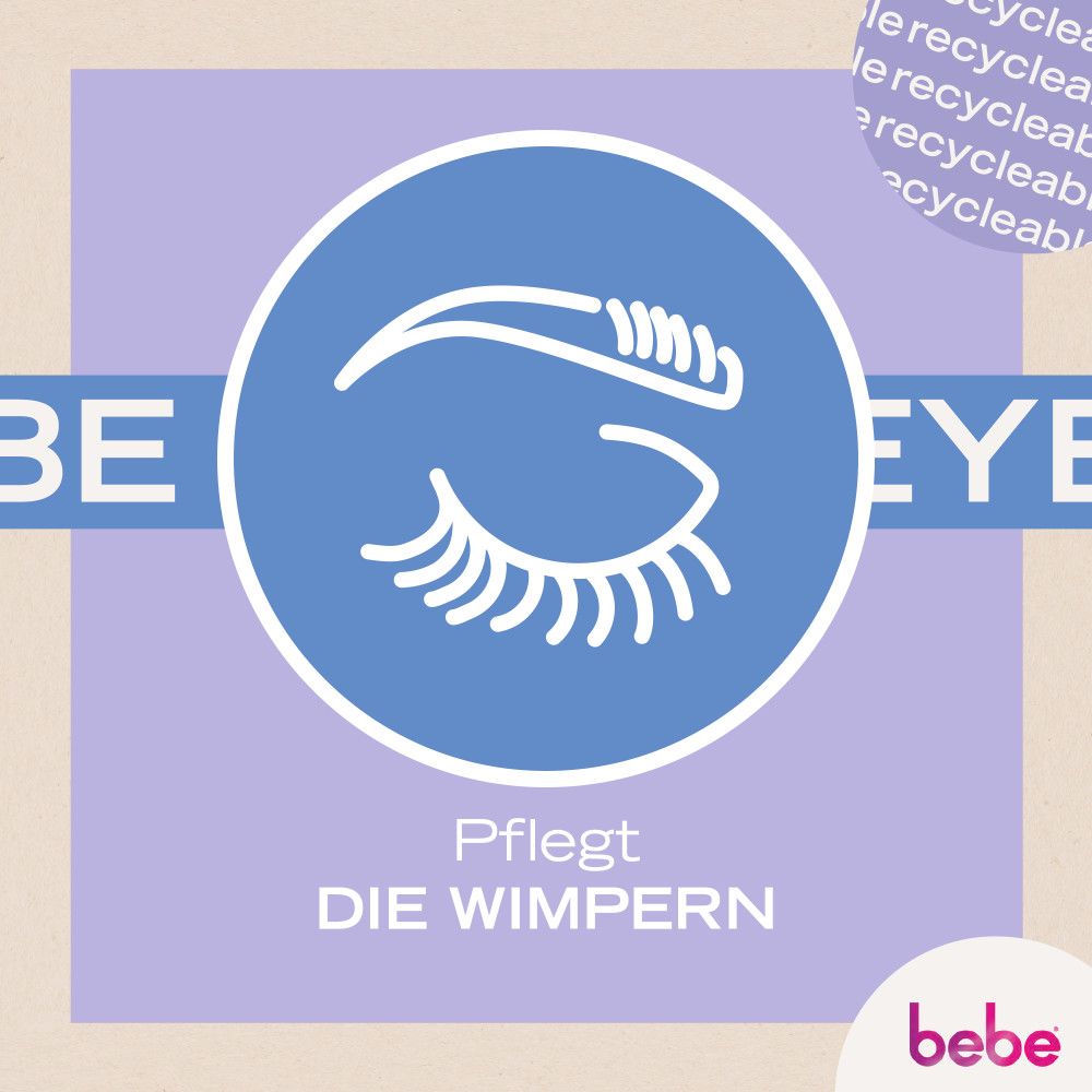Blaues rundes Symbol mit Augenbraue und Wimpern. Text: "Pflegt DIE WIMPERN". bebe Logo.