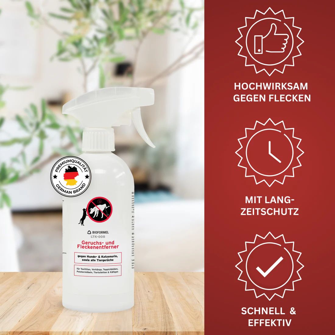 Weiße Sprühflasche mit Produktetikett. Text: Geruchs- und Fleckenentferner. Premiumqualität, Made in Germany. Symbole: Daumen hoch, Uhr, Haken.