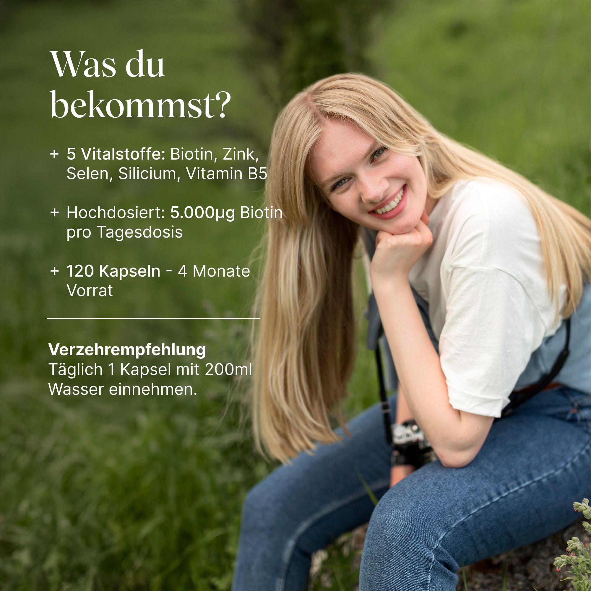 Frau mit langen blonden Haaren sitzt im Freien. Text links listet Inhaltsstoffe und Dosierung von Nahrungsergänzungsmitteln auf.