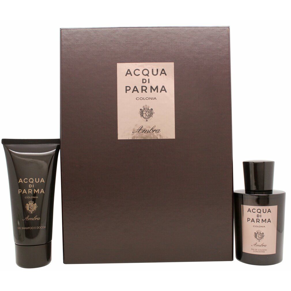 Geschenkset mit Flakon, Duschgel und Box. Aufschrift: Acqua di Parma Colonia Ambra.