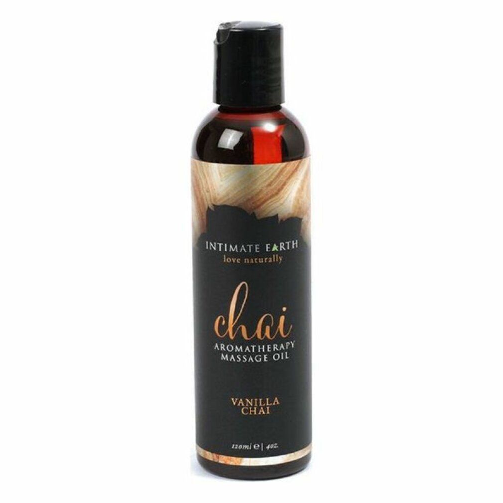 Flasche mit schwarzem Etikett. Aufschrift: Chai, Aromatherapie Massageöl, Vanilla Chai. Braune Flüssigkeit sichtbar.