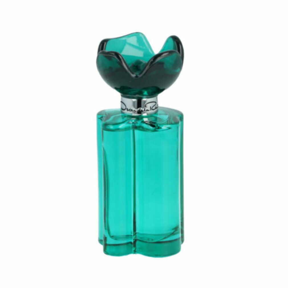 Grünes Parfüm in rechteckiger Flasche mit blütenförmigem Deckel. Aufschrift: Oscar de la Renta. Flakon mit silbernem Hals.