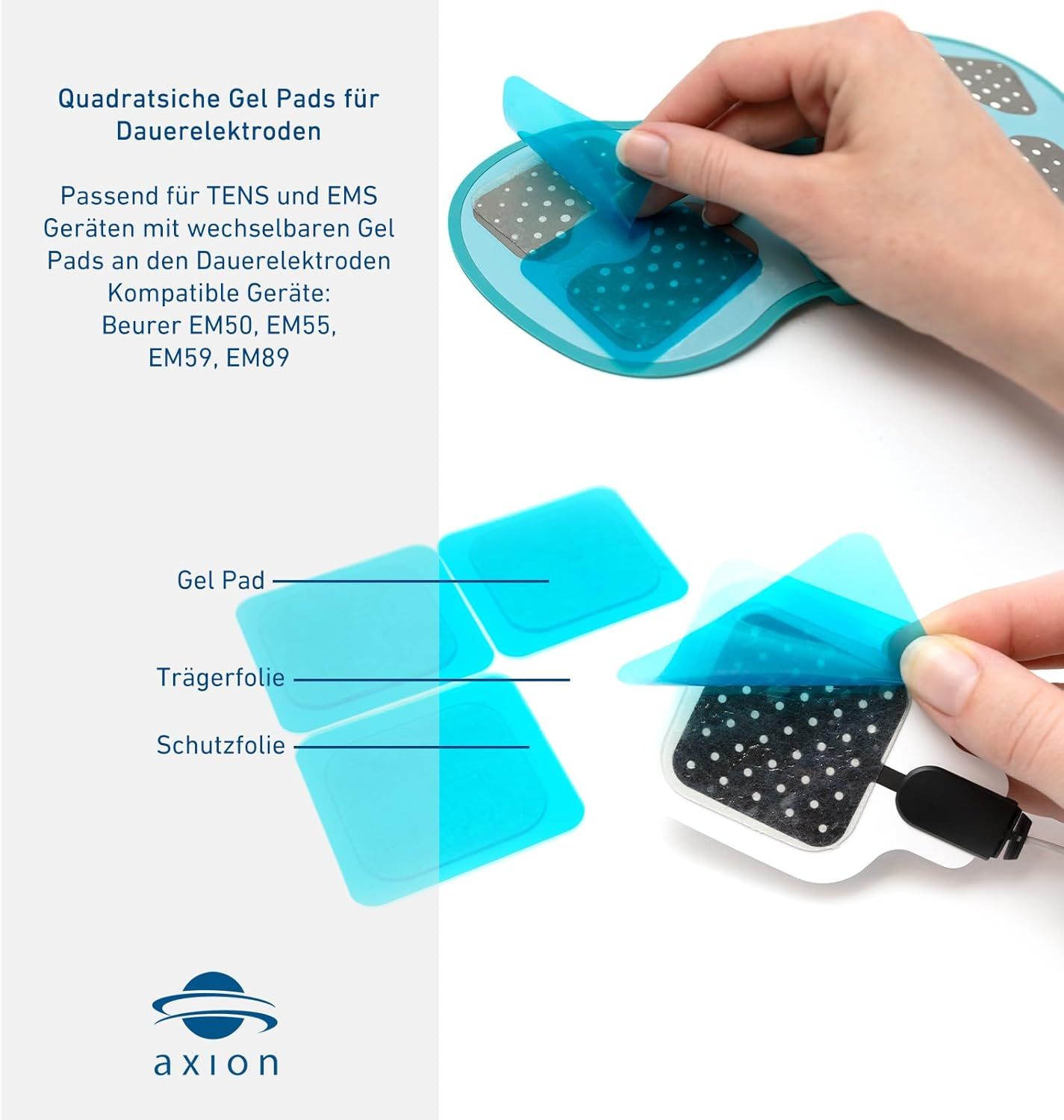 Hände zeigen Gel-Pad-Anwendung. Blaue Schutzfolie wird abgezogen. axion Logo.
