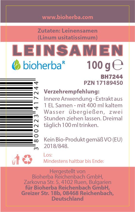 Etikett mit Text: Leinsamen, Bioherba, 100 g, Zutaten, Verzehrempfehlung, Barcode. Roter und weißer Hintergrund.