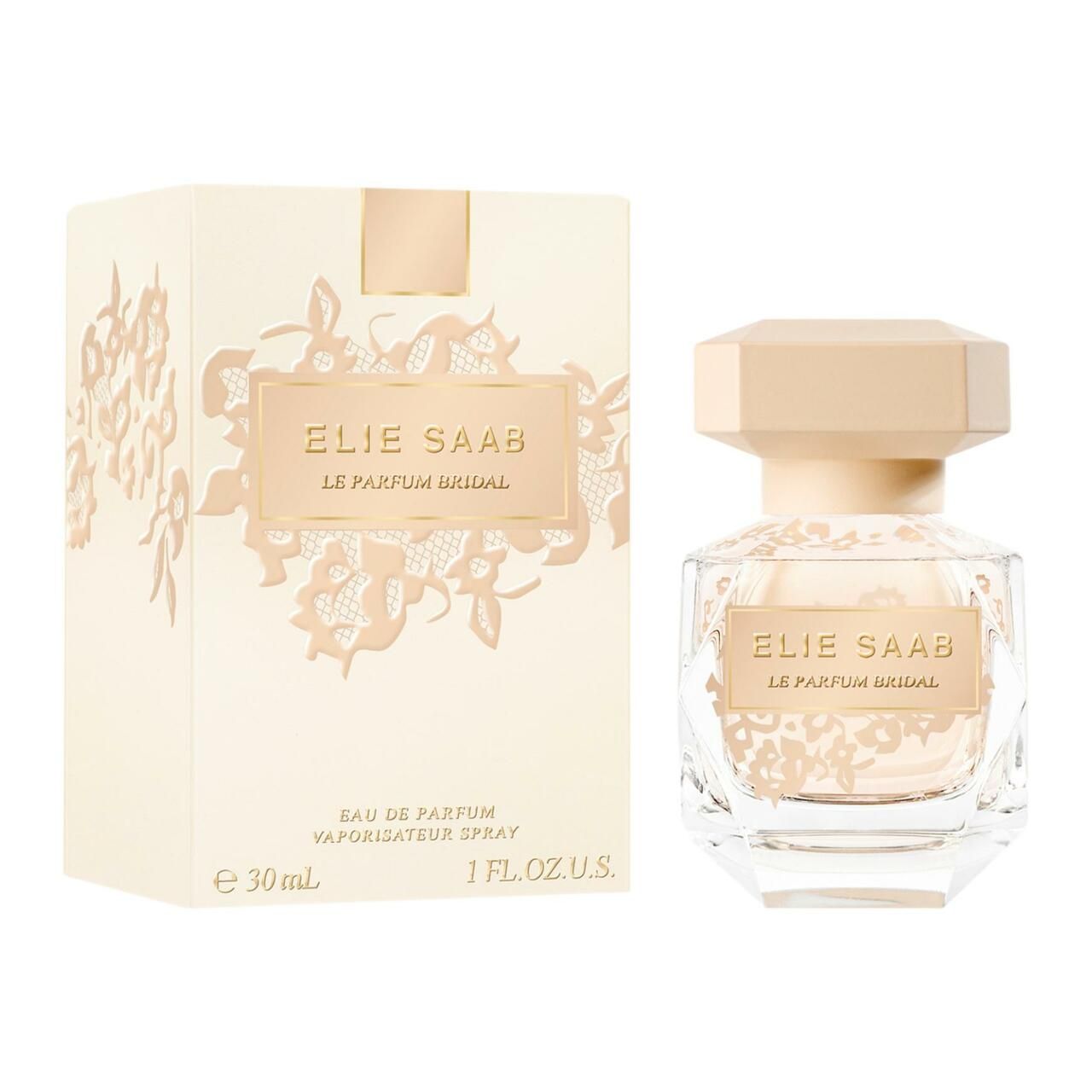Parfümflakon und Verpackung. Flakon mit beigem Deckel. Aufschrift: Elie Saab, Le Parfum Bridal. Verpackung mit floralem Design.