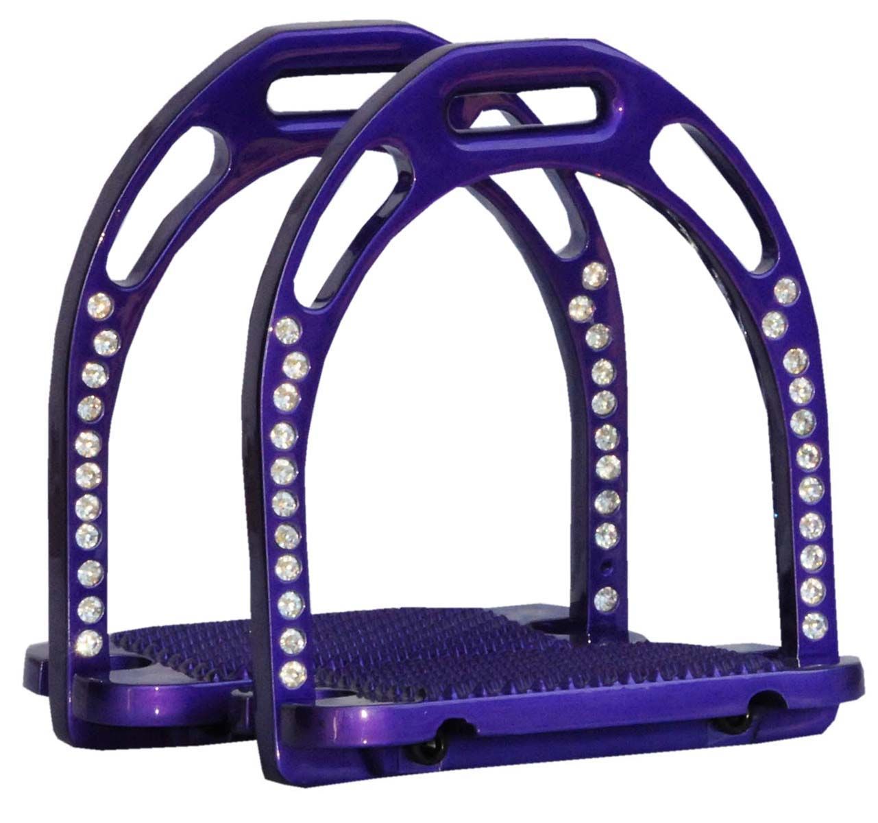 Zwei violette Steigbügel aus Aluminium. Mit Strasssteinchen besetzt. Geriffelte Trittfläche.