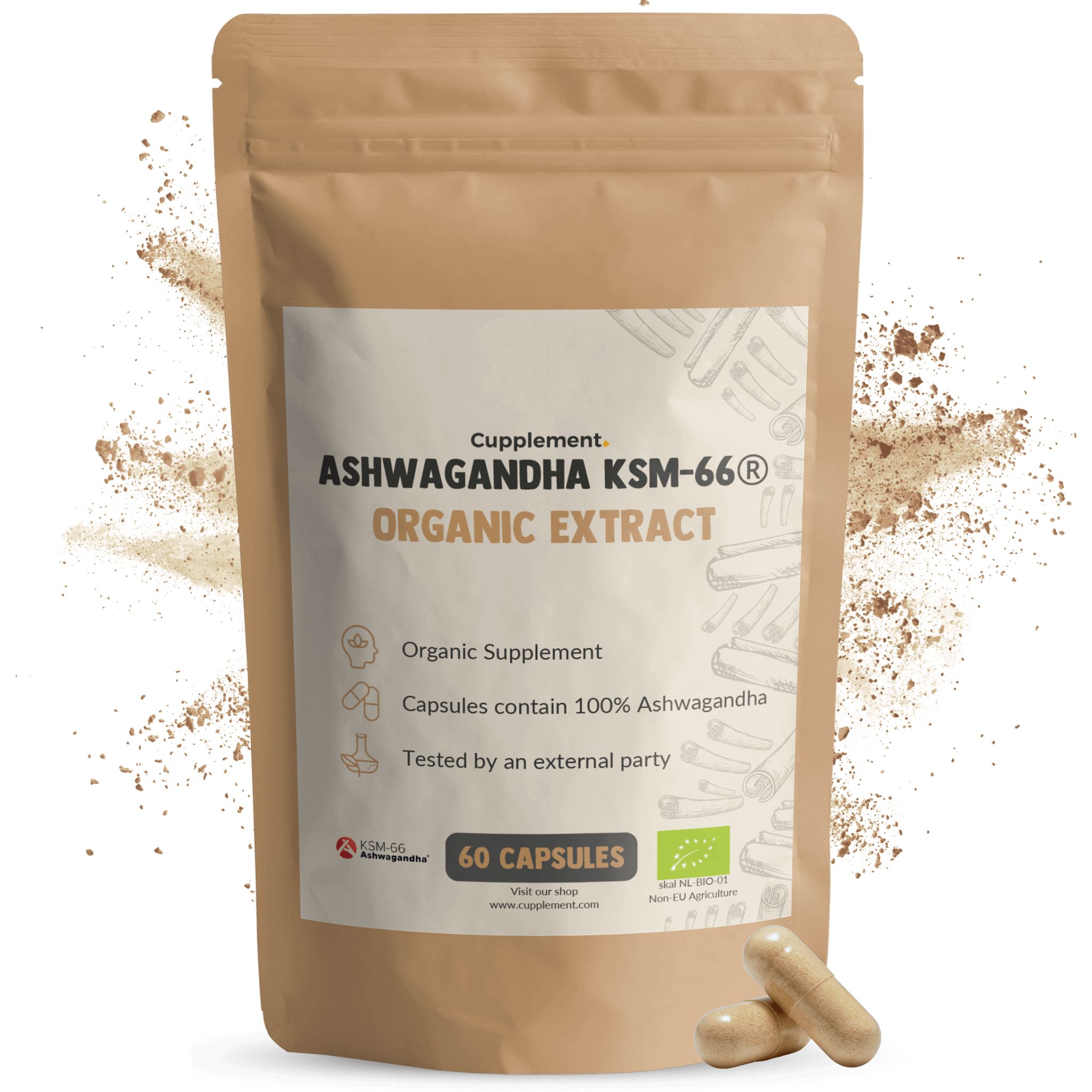 Beutel mit Kapseln. Aufschrift: Ashwagandha KSM-66 Organic Extract. Enthält 60 Kapseln. Mit Bio-Siegel.