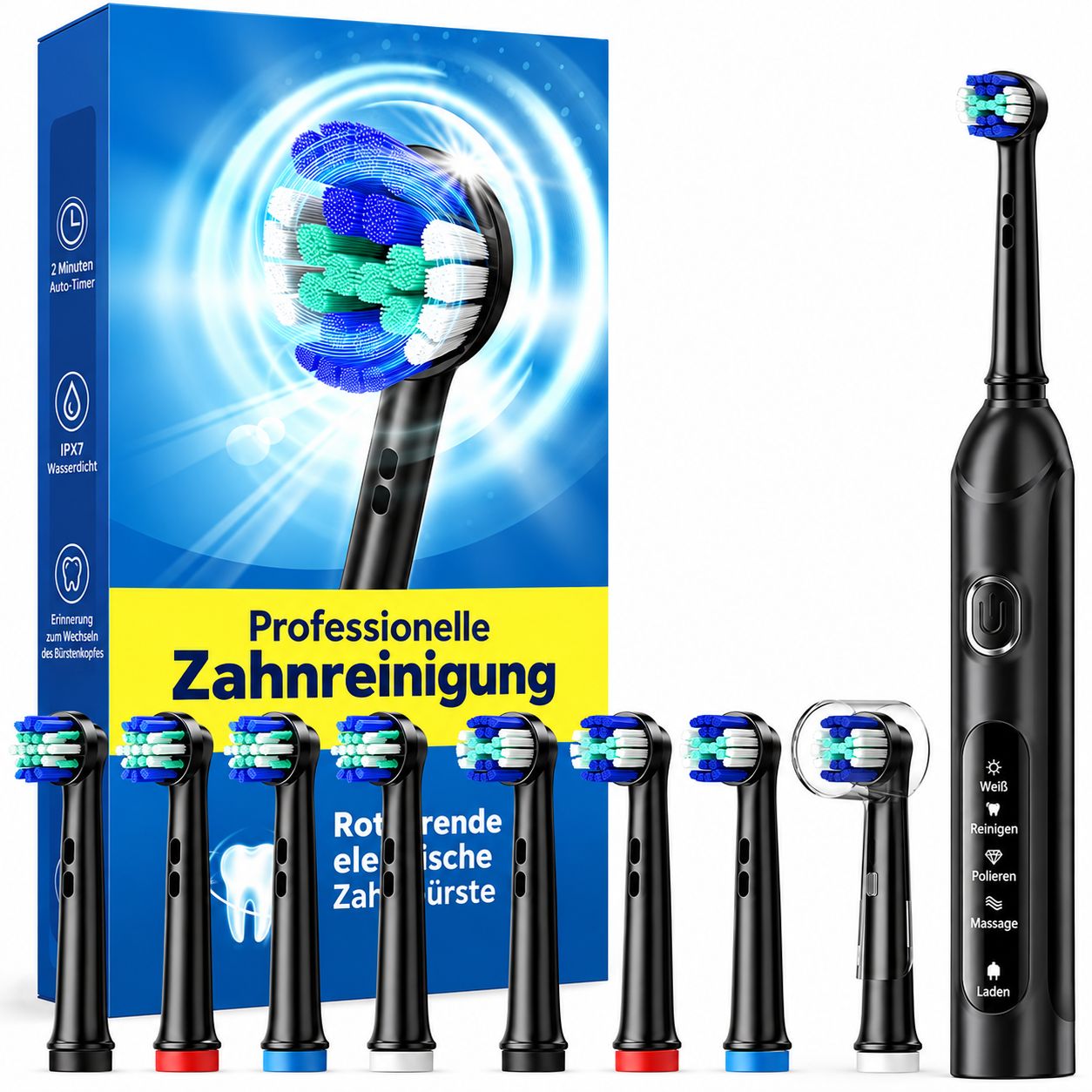 Elektrische Zahnbürste mit 7 Aufsteckbürsten, 4x Standard, 2x Tiefenreinigung, 1x Aufhellung.