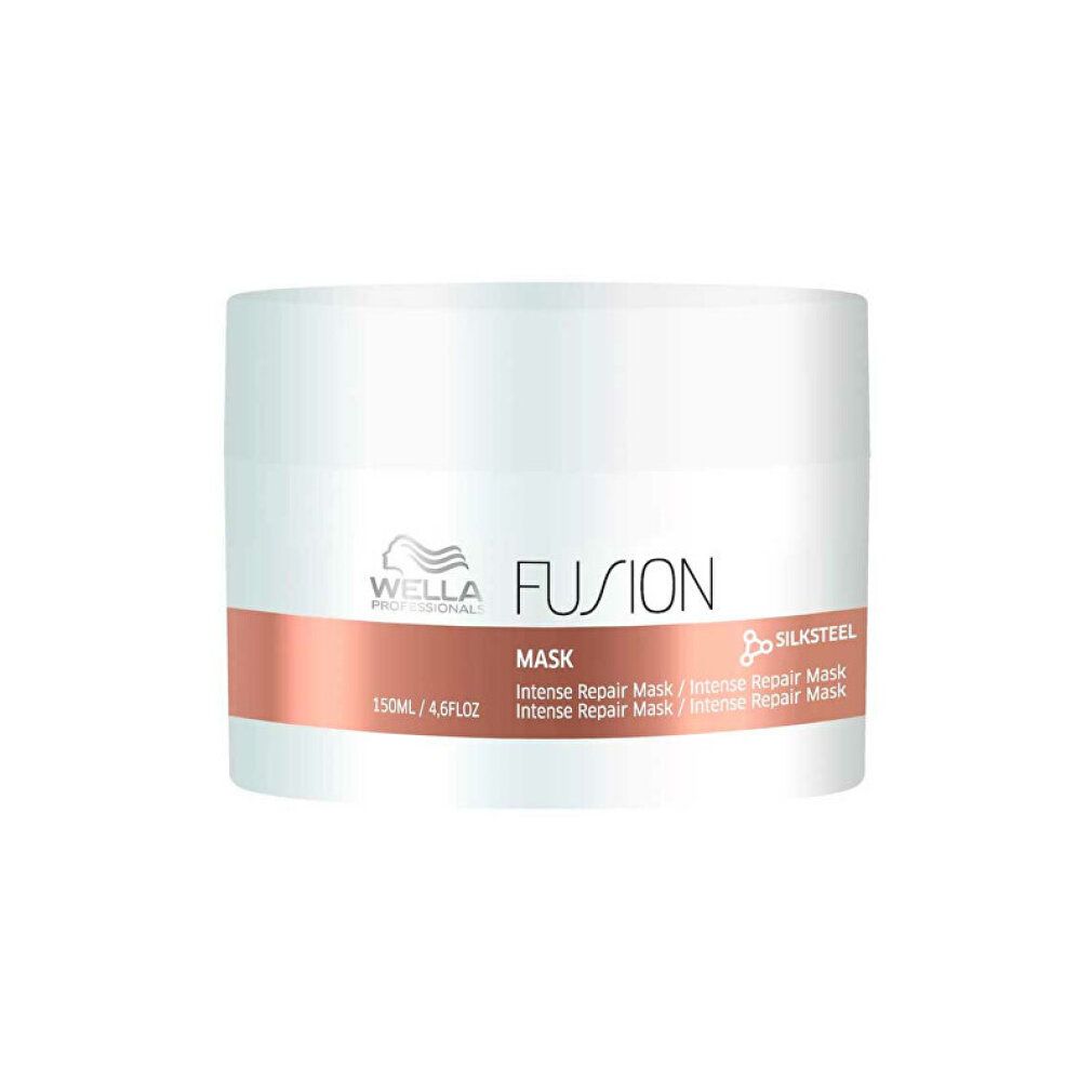 Weißer Tiegel mit Wella-Logo und „Fusion Mask“. Bronzefarbener Streifen mit Text. „Silksteel“.