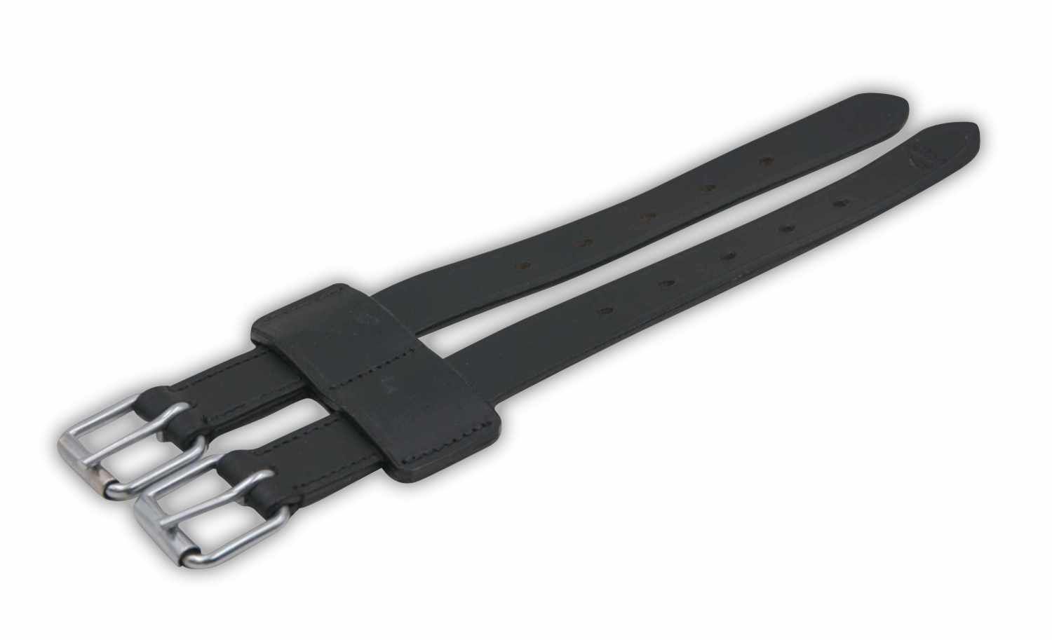 Schwarze Sattelgurtverlängerung mit zwei Schnallen.