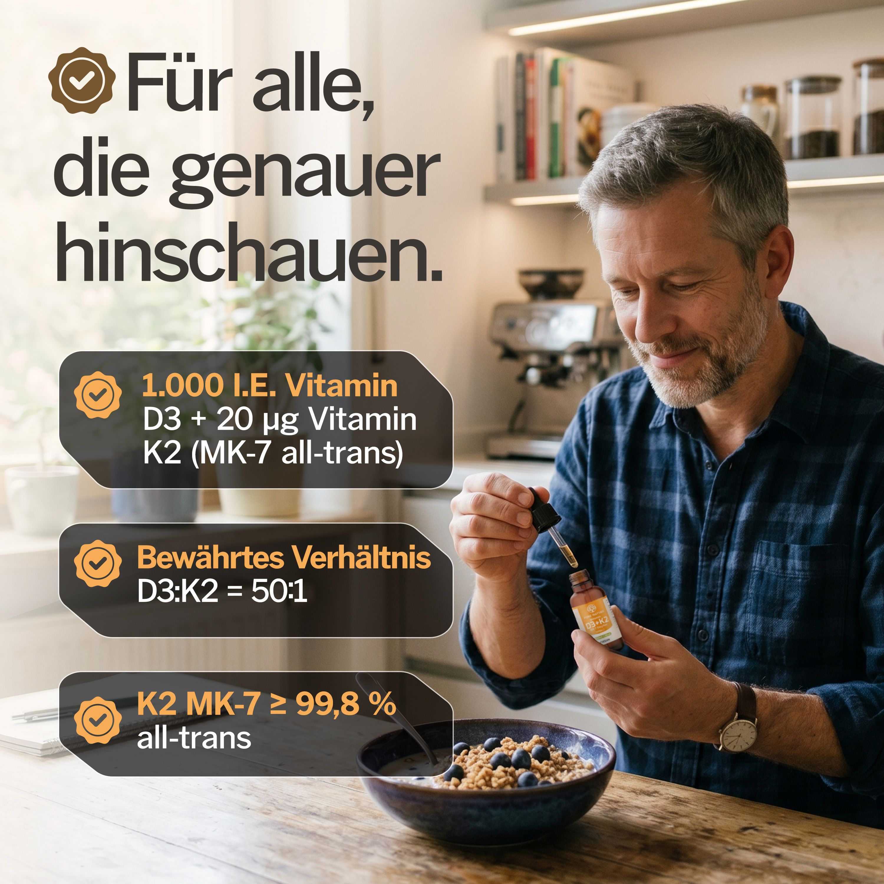 Mann gibt D3+K2 Tropfen in Schüssel. Text über Inhaltsstoffe.