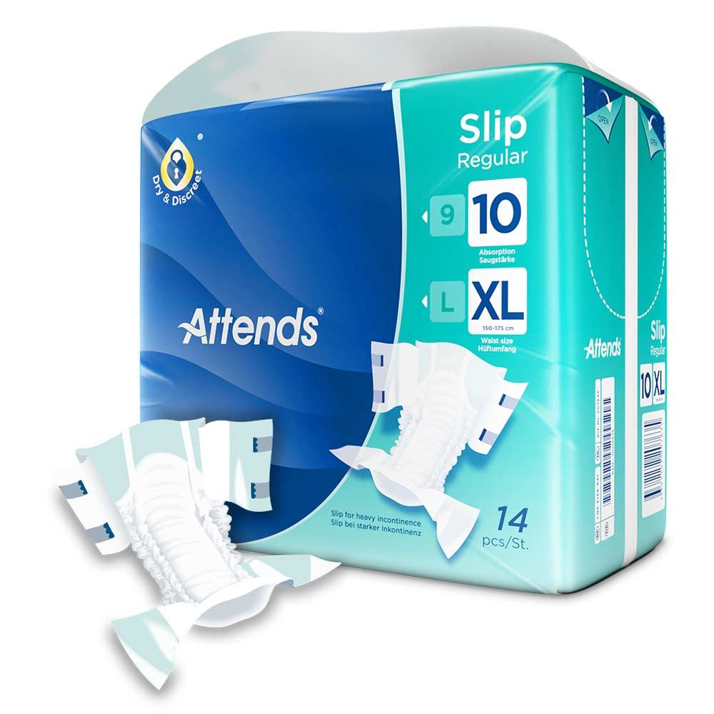 Verpackung Attends Slip Regular 10 XL mit Produkt. Blaue und grüne Verpackung mit 14 Stück. Größe XL. Einige Slips liegen daneben.