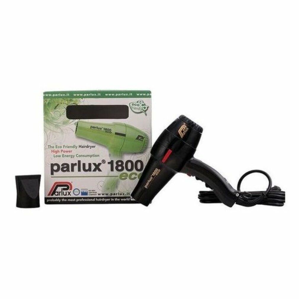 Schwarzer Haartrockner mit Zubehör und Verpackung. Aufschrift: Parlux 1800 eco. Grüne Verpackung mit Produktabbildung.