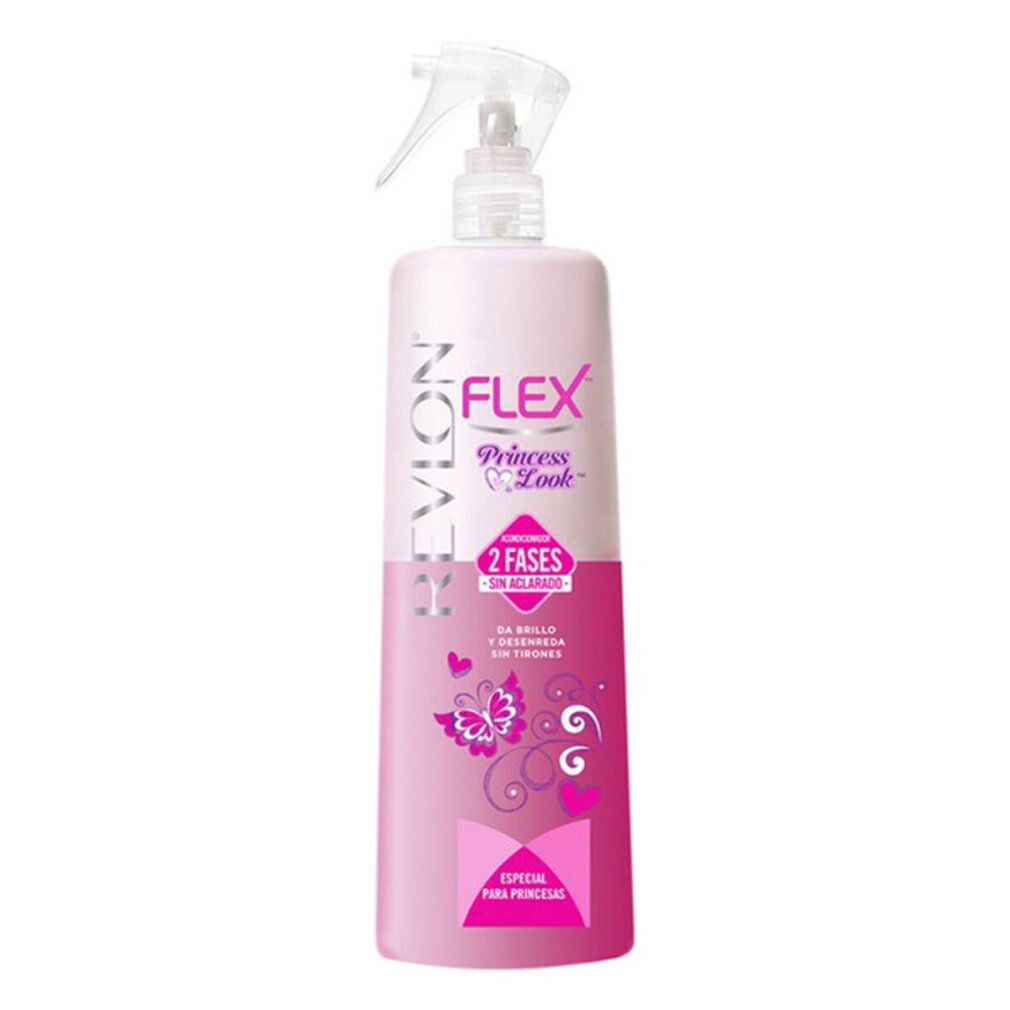 Rosa Flasche mit Sprühkopf. Aufschrift: Revlon Flex Princess Look, 2 Phasen. Dekoration mit Schmetterlingen und Herzen.