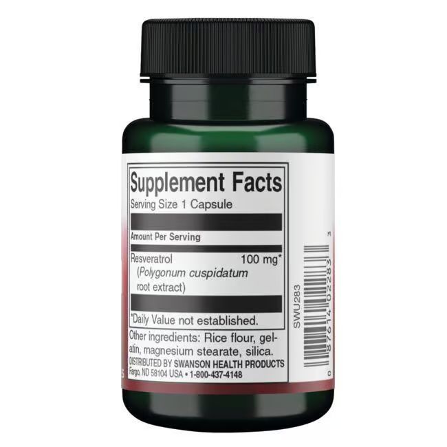 Rückseite einer grünen Flasche mit schwarzem Deckel. Aufschrift: Supplement Facts. Resveratrol 100 mg.