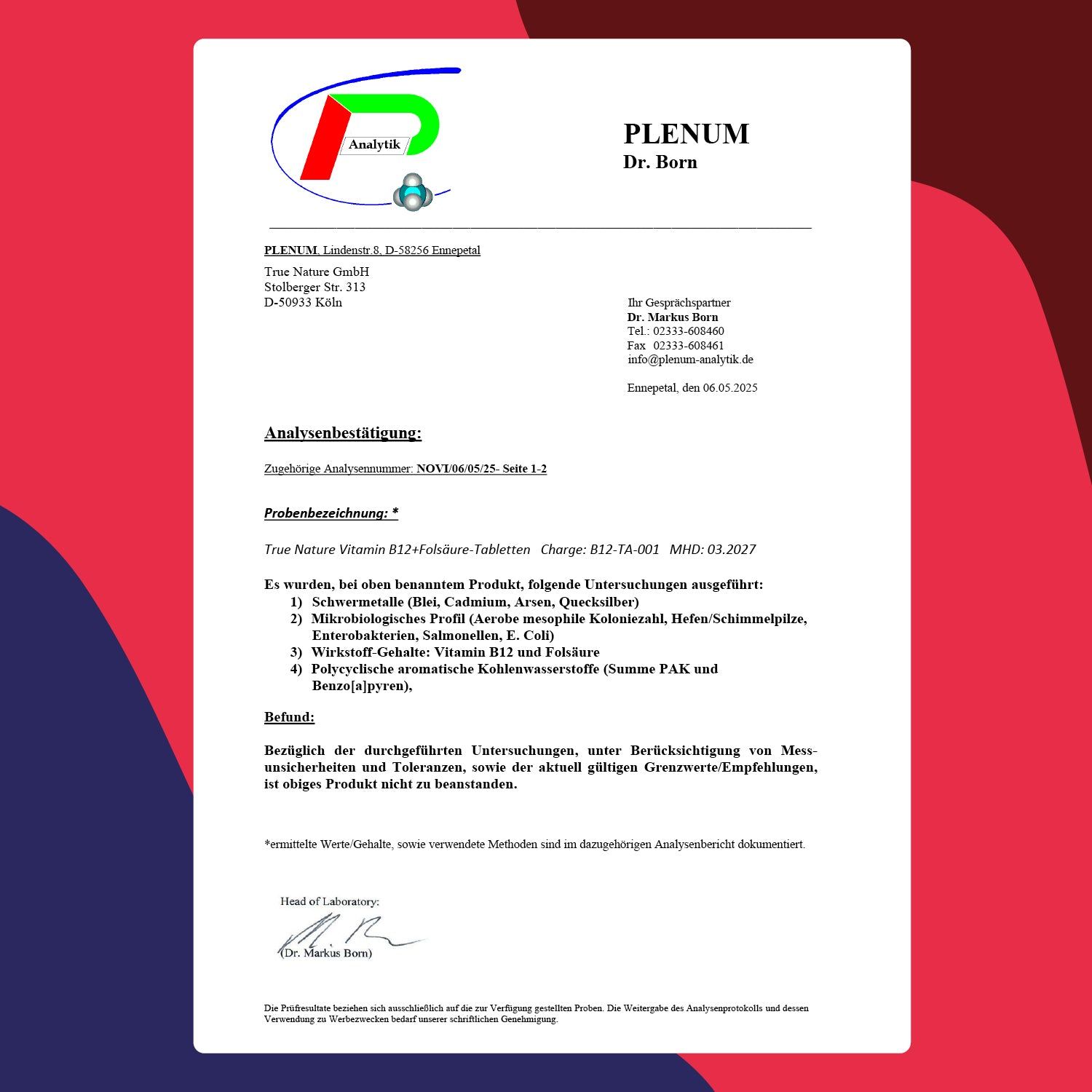 Analysenzertifikat von Plenum Dr. Born. Text: Analysebestätigung, Untersuchungsergebnisse, Prüfbericht.