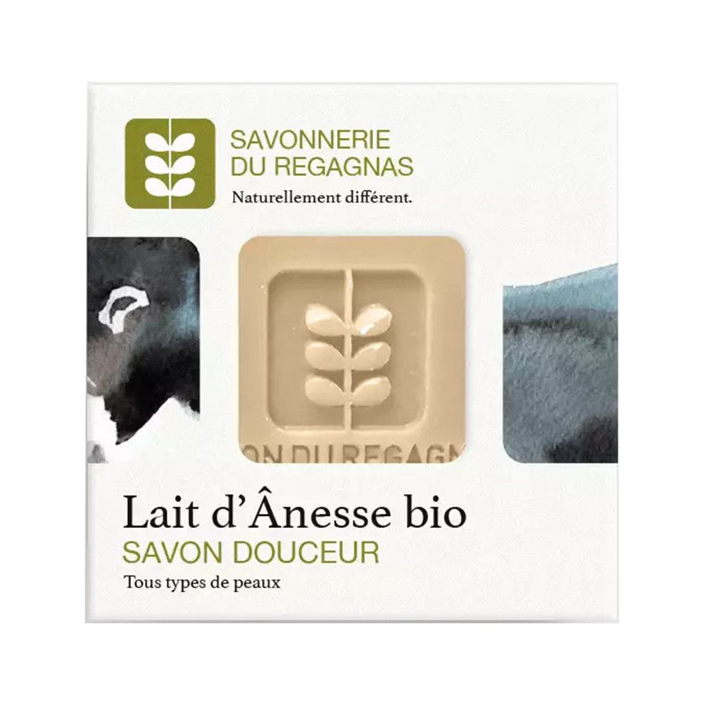 Seife in Verpackung. Logo und Schriftzug 'Savonnerie du Regagnas'. Text: 'Lait d'Ânesse bio Savon Douceur'.