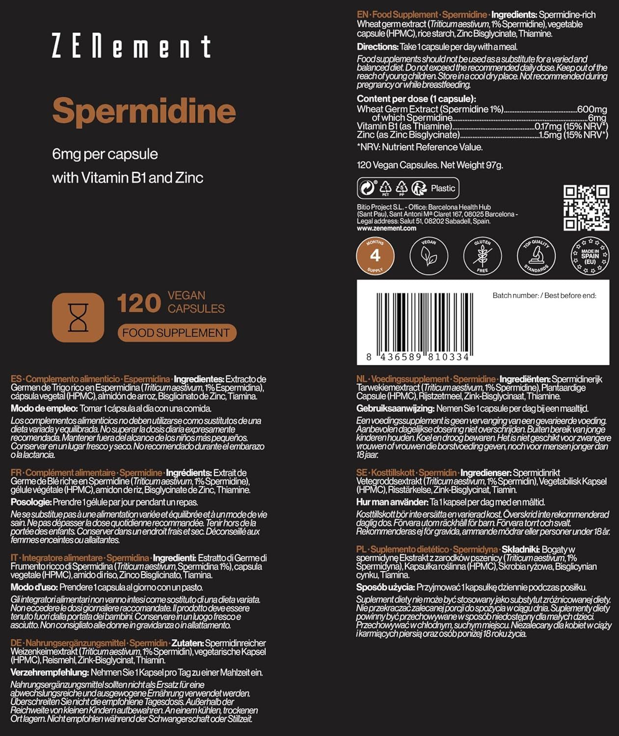 Rückseite der Zenement Spermidin Kapseln Verpackung. Enthält Informationen zu Inhaltsstoffen, Anwendung, Nährwertangaben und Warnhinweisen in mehreren Sprachen.