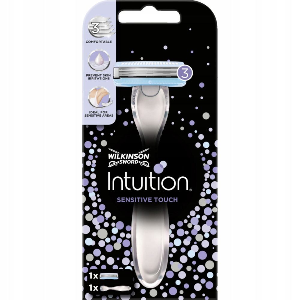 Verpackung des Wilkinson Sword Intuition Sensitive Touch Damenrasierers. Enthält Rasierer und Klinge. Text: Intuition Sensitive Touch.