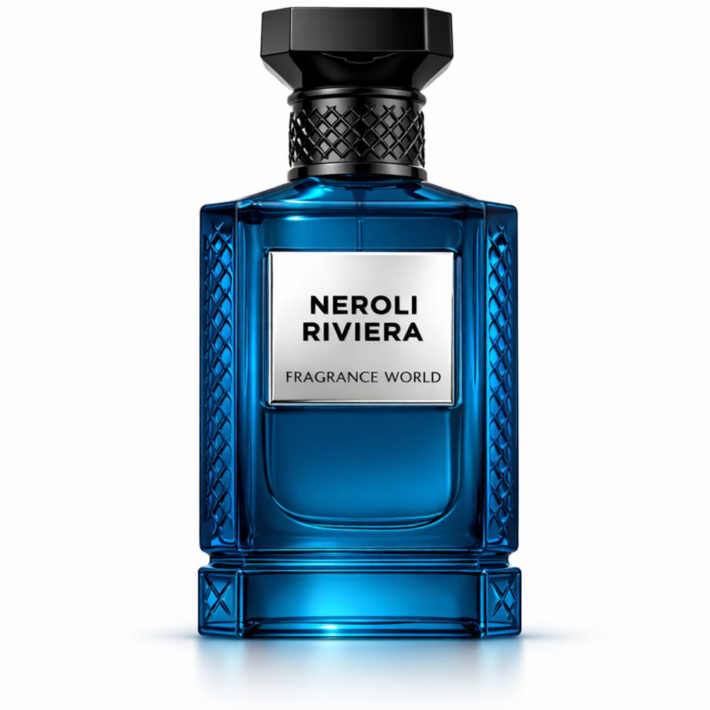 Blaues Parfümflakon. Aufschrift: Neroli Riviera, Fragrance World.