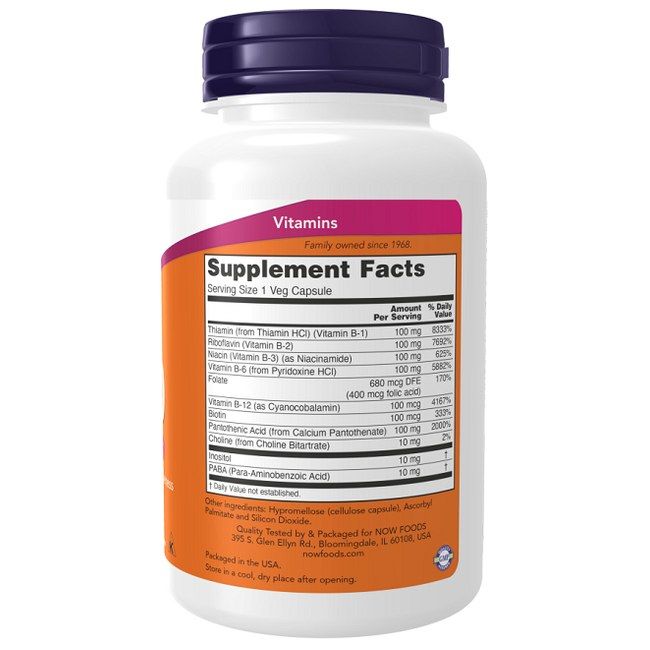 Rückseite der Now Foods B-100 Komplex Dose. Zeigt Nährwertangaben und Inhaltsstoffe.