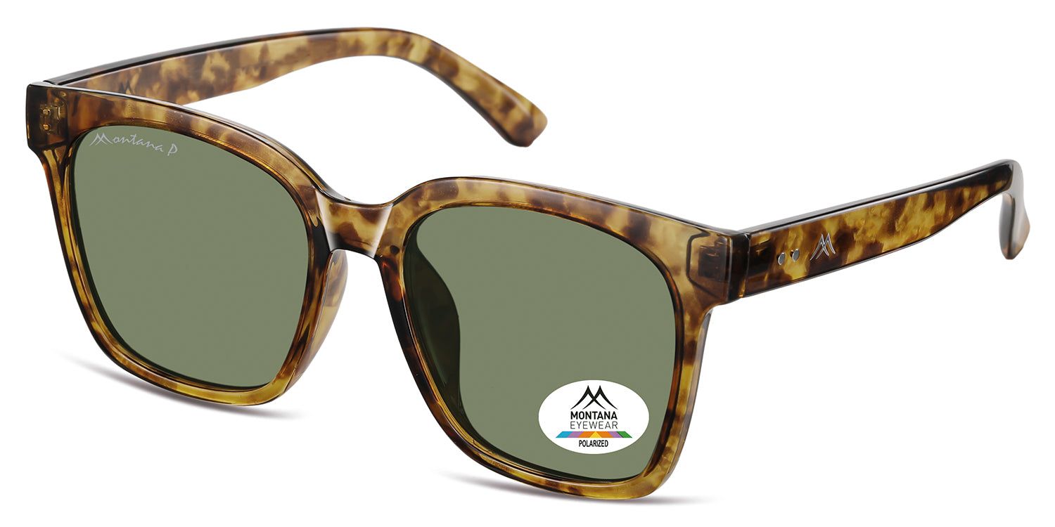 Sonnenbrille mit braunem Rahmen und grünen Gläsern. Montana Eyewear Logo auf dem Bügel und Glas. Polarisiert.