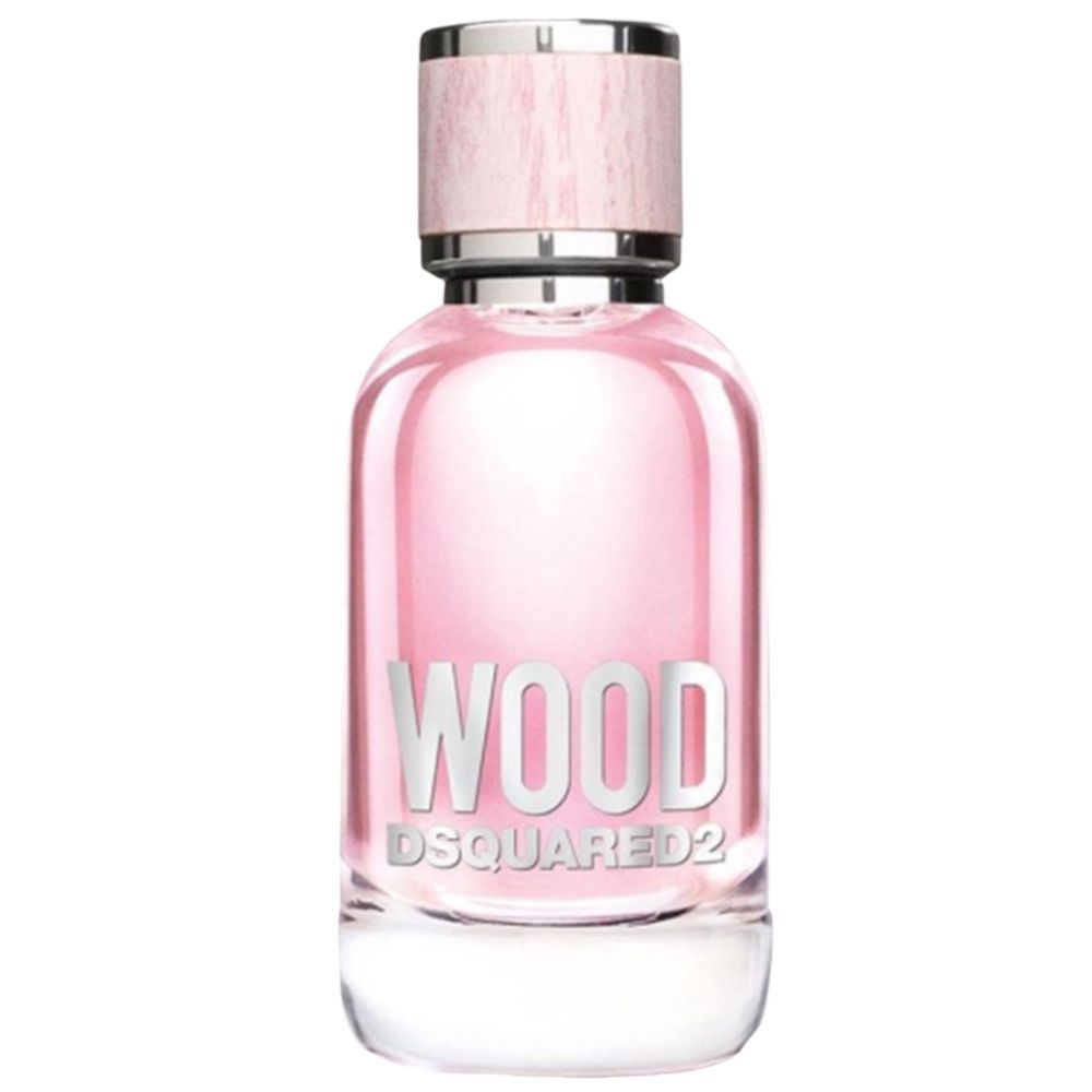 Rosa Parfümflasche mit silbernem Verschluss und Schriftzug WOOD, DSQUARED2. Transparenter Flakon mit rosa Flüssigkeit.