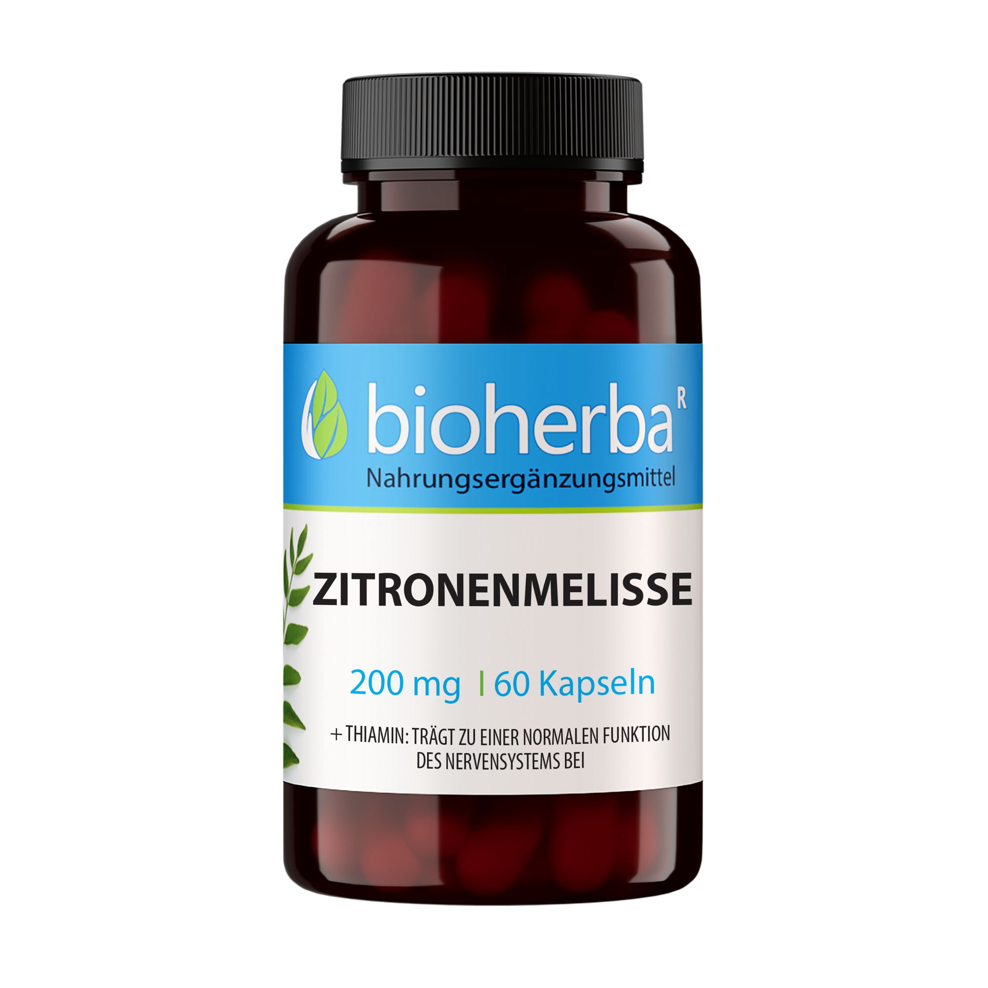 Braune Flasche mit schwarzen Deckel. Etikett mit "bioherba" Logo, "Zitronenmelisse" und "60 Kapseln".