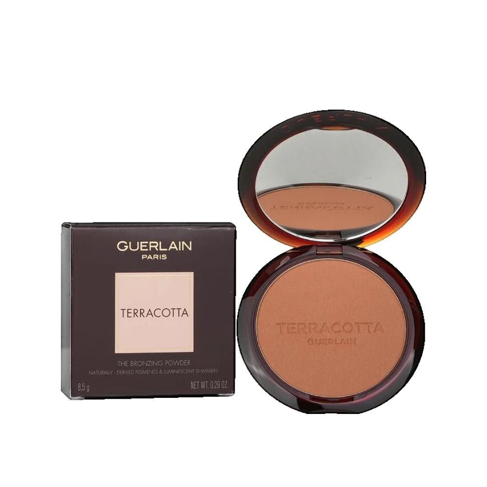Bronzer-Kompaktpuder mit Spiegel und Verpackung. Aufschrift "TERRACOTTA" und "GUERLAIN".