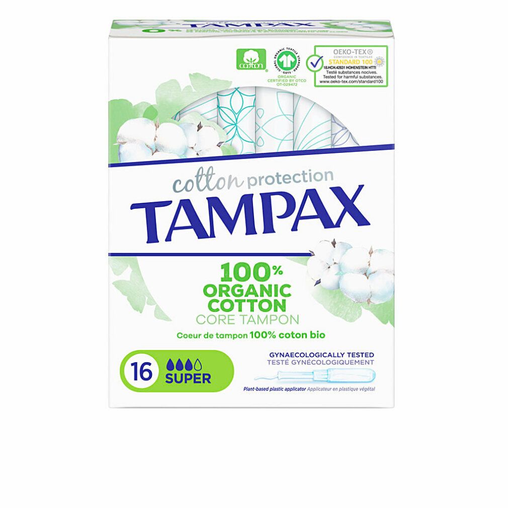 Verpackung von Tampax Organic Super Tampons. 16 Stück. 100% Bio-Baumwolle. Mit Applikator aus Pflanzenkunststoff.