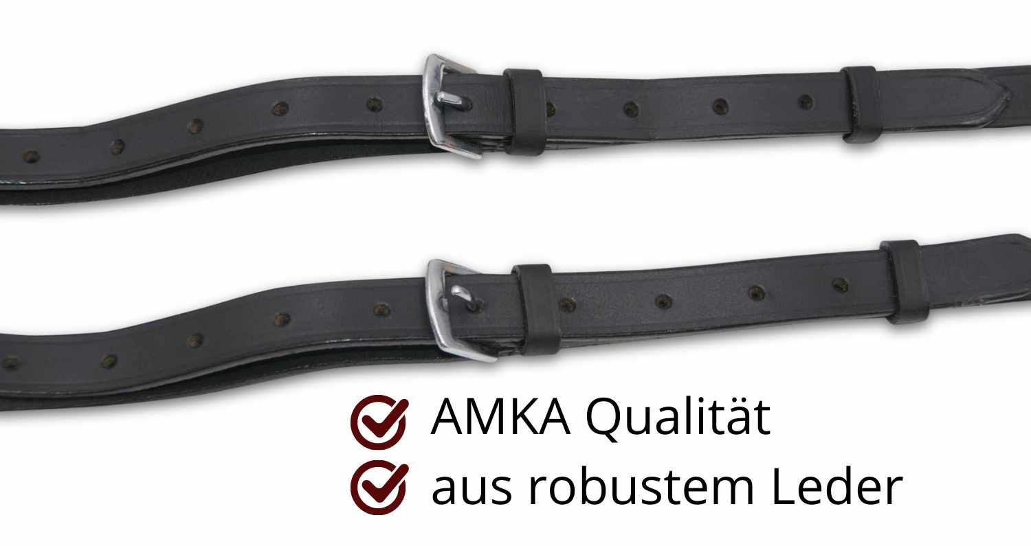 Zwei schwarze Lederriemen mit Schnallen. AMKA-Qualität. Aus robustem Leder.