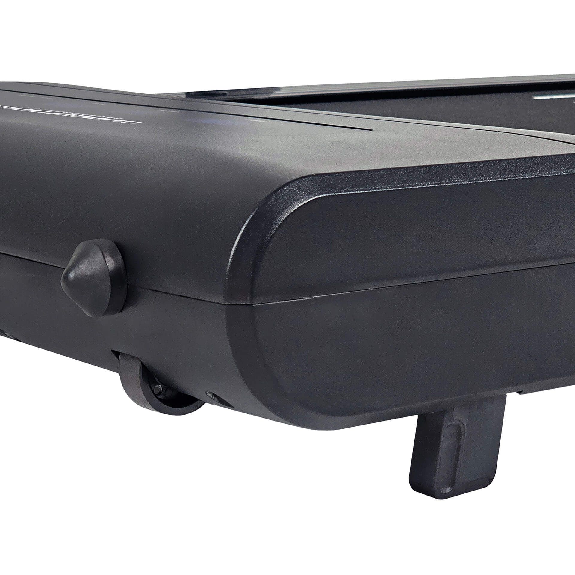 Schwarzes Laufband-Ende mit Rollen und Stützfüßen. Schwarzes Kunststoffgehäuse.