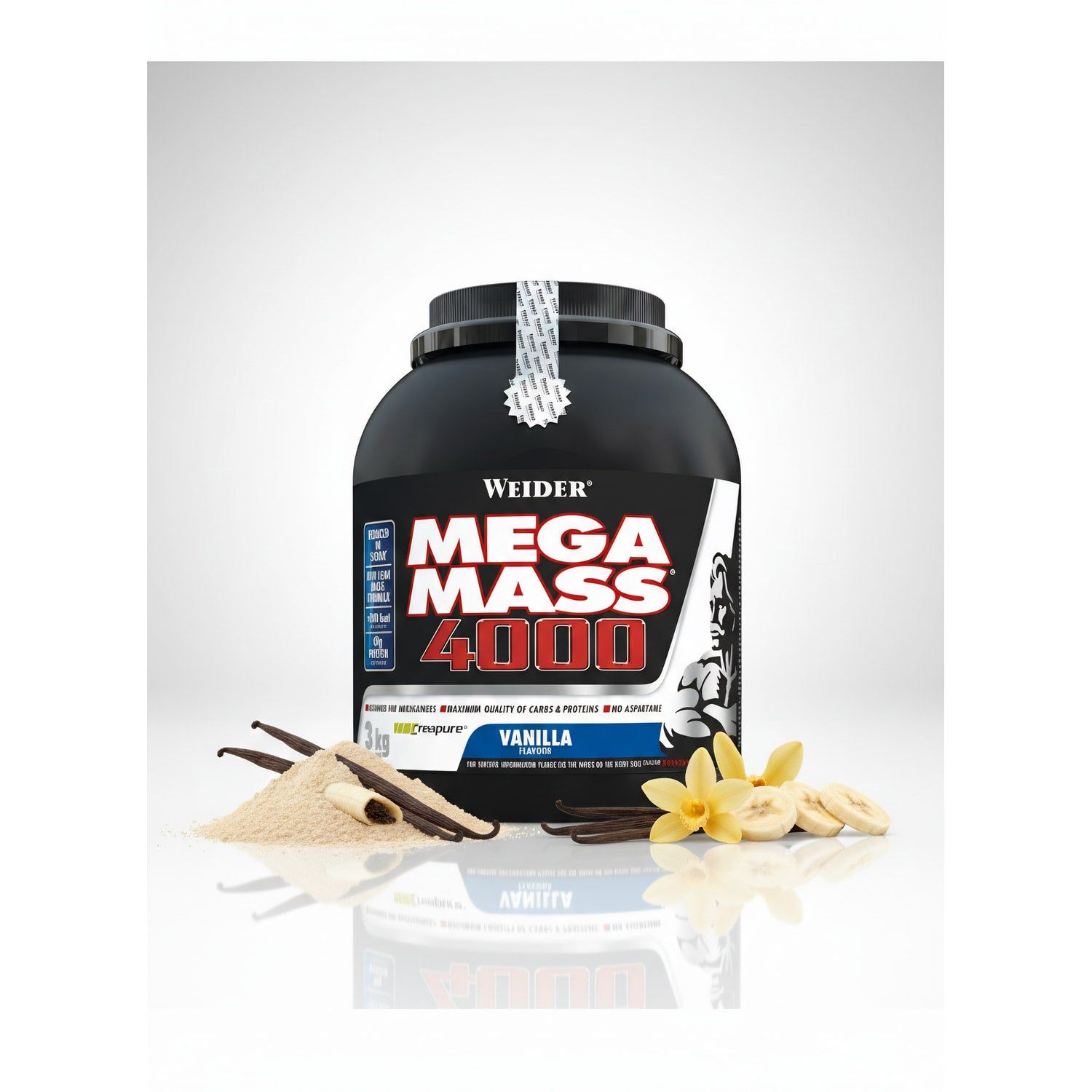 Weider Mega Mass 4000 Vanille-Pulver in schwarzer Dose mit Vanille-Zutaten.
