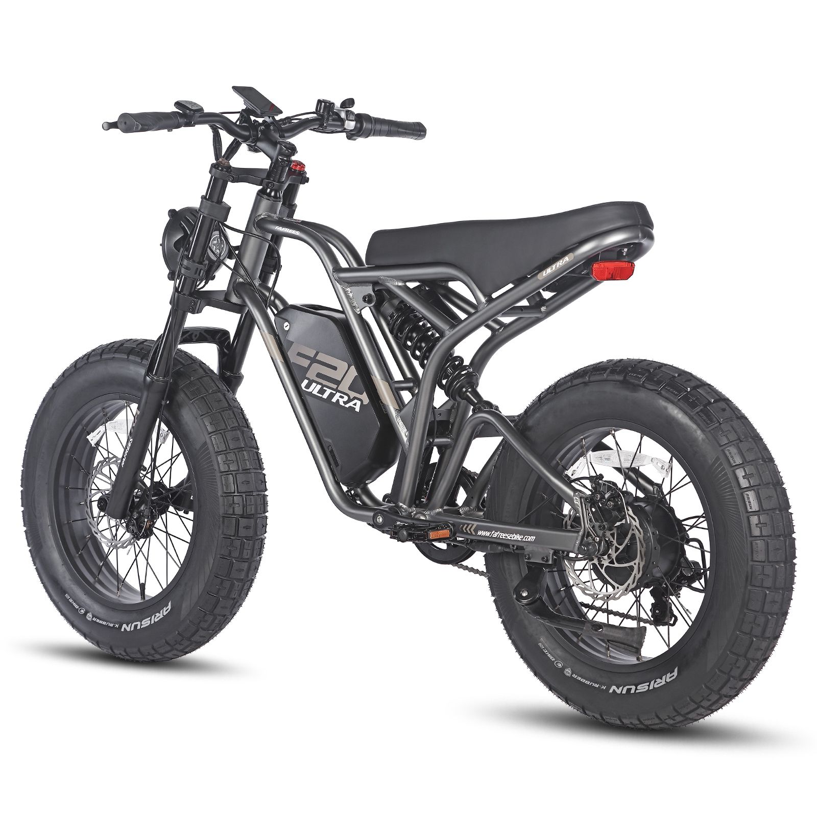 Graues E-Dirtbike mit schwarzen Reifen. Sichtbar: Sattel, Motor, Scheinwerfer, F20 Ultra-Logo.