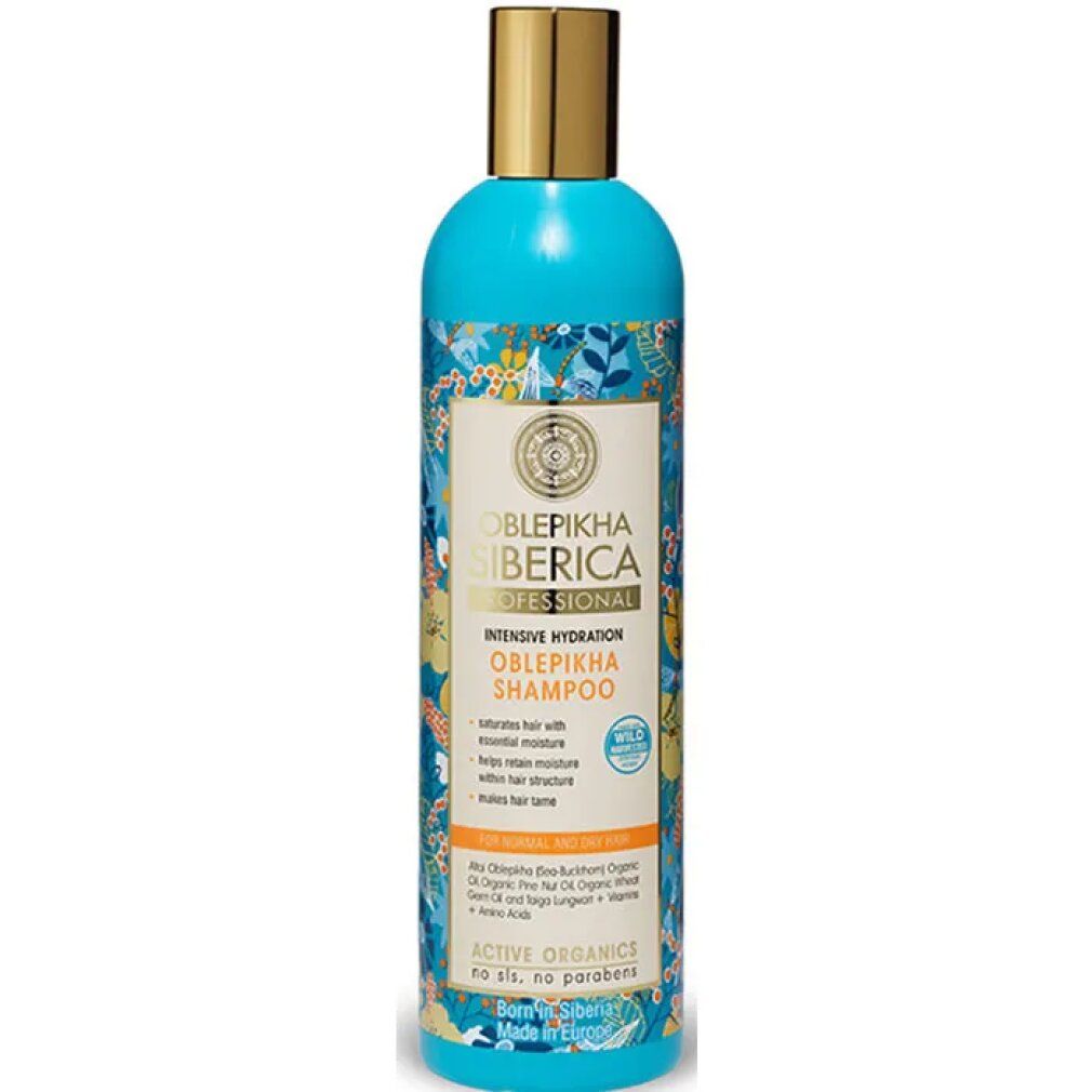 Türkisblaue Shampoo-Flasche mit goldenem Deckel. Etikett mit floralem Muster und Produktinformationen. Oblepikha Siberica Professional.