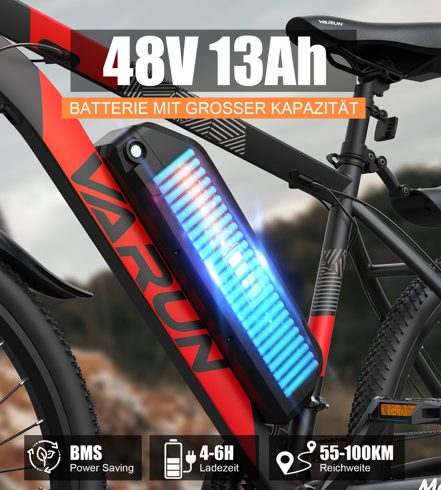 E-Bike mit rotem Rahmen und schwarzem Akku. Akku mit blauer Beleuchtung. Text: 48V 13Ah, Batterie mit großer Kapazität.