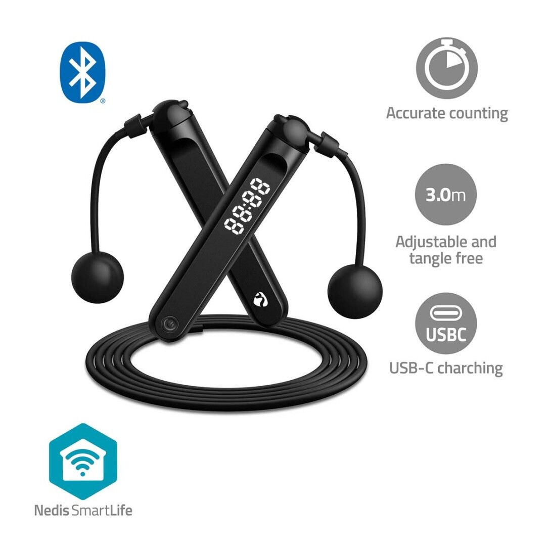 Nedis SmartLife Springseil / Bluetooth® / Dual Hall sensor / LED-Anzeige / PVC / 3.00 m / Akku-Bäl