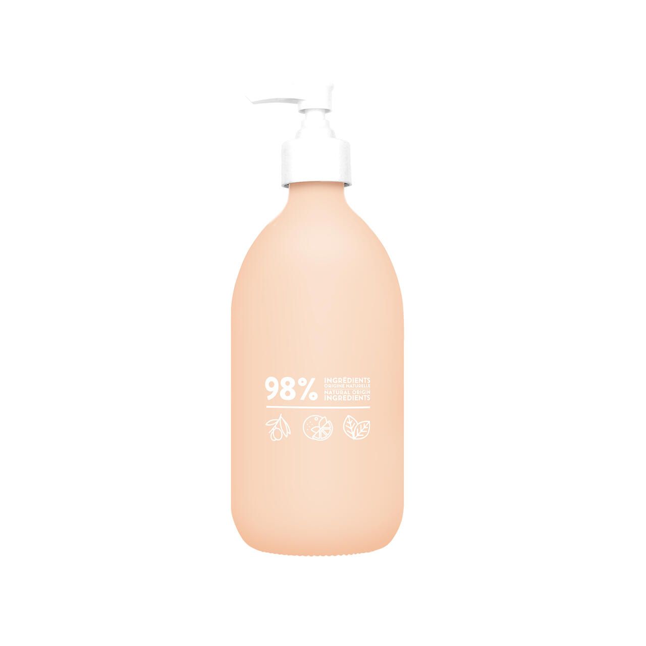 Beigefarbene Flasche mit weißem Pumpkopf. Aufschrift: 98% Inhaltsstoffe. Mit Frucht-Symbolen.