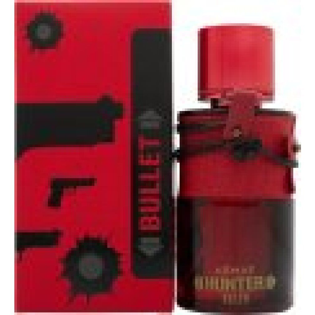 Rote Flasche mit rotem Verschluss und Lederband. Rote Verpackung mit "BULLET" und Pistolen-Illustrationen.