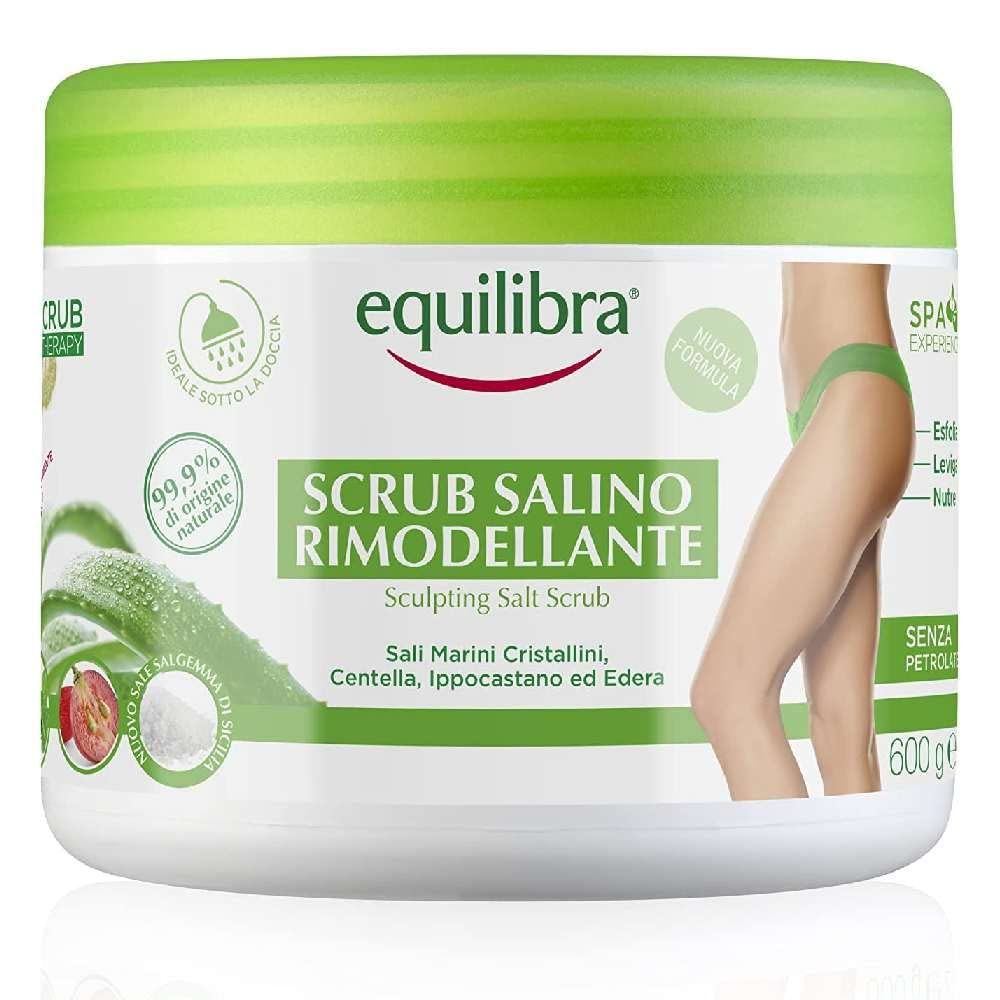 Equilibra Sculpting Salt Scrub in einem weißen Behälter mit grünem Deckel.