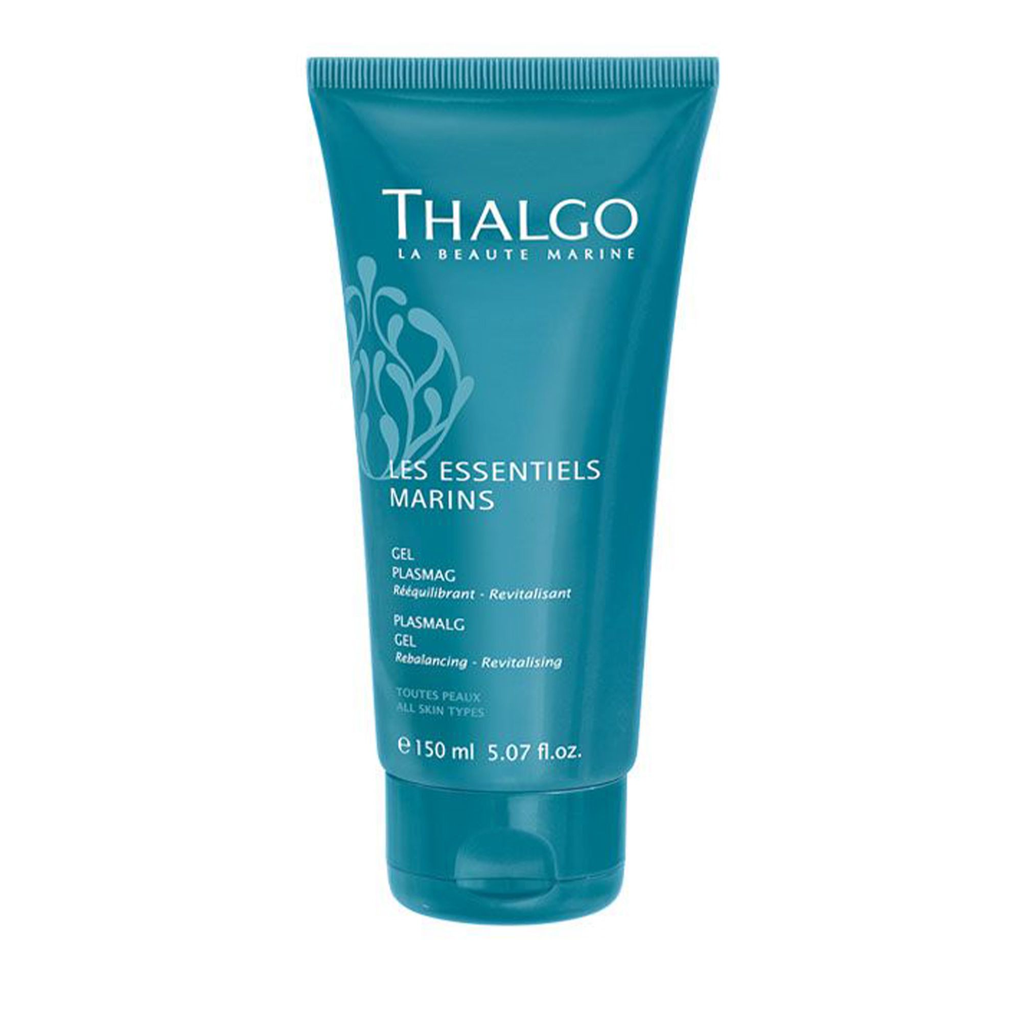 Türkisfarbene Tube mit Produktnamen THALGO und Produktbezeichnung Plasmalg-Gel. Text: Les Essentiels Marins, 150 ml.