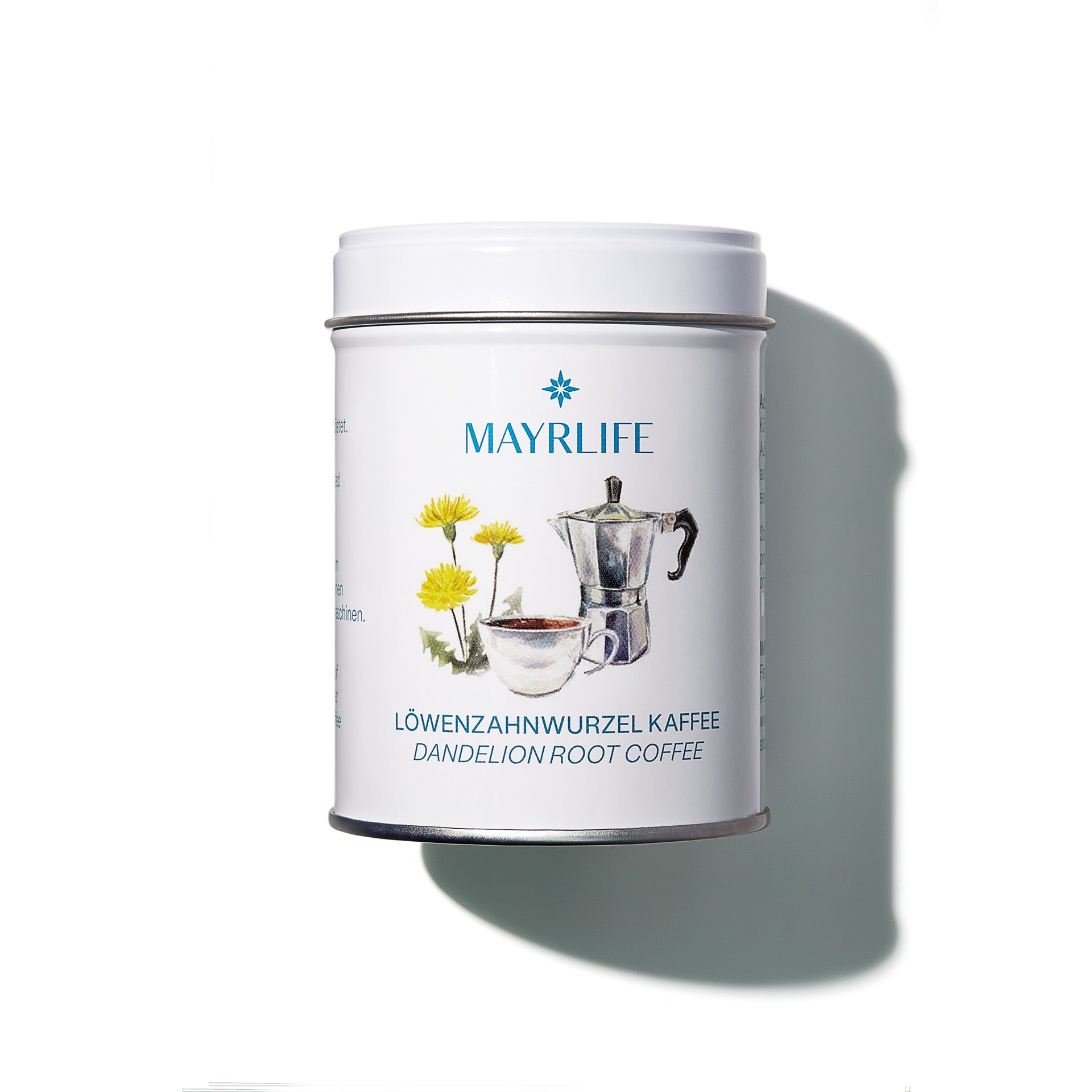 Weißes, zylindrisches Produktgehäuse mit Deckel. Aufdruck: MAYRLIFE, Illustration von Löwenzahn, Kaffeetasse und Espressokanne. Text: Löwenzahnwurzel Kaffee.