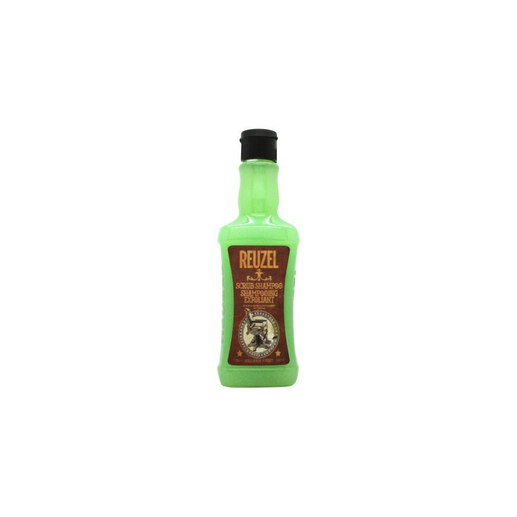 Reuzel Scrub Shampoo in einer grünen Flasche mit braunem Etikett.
