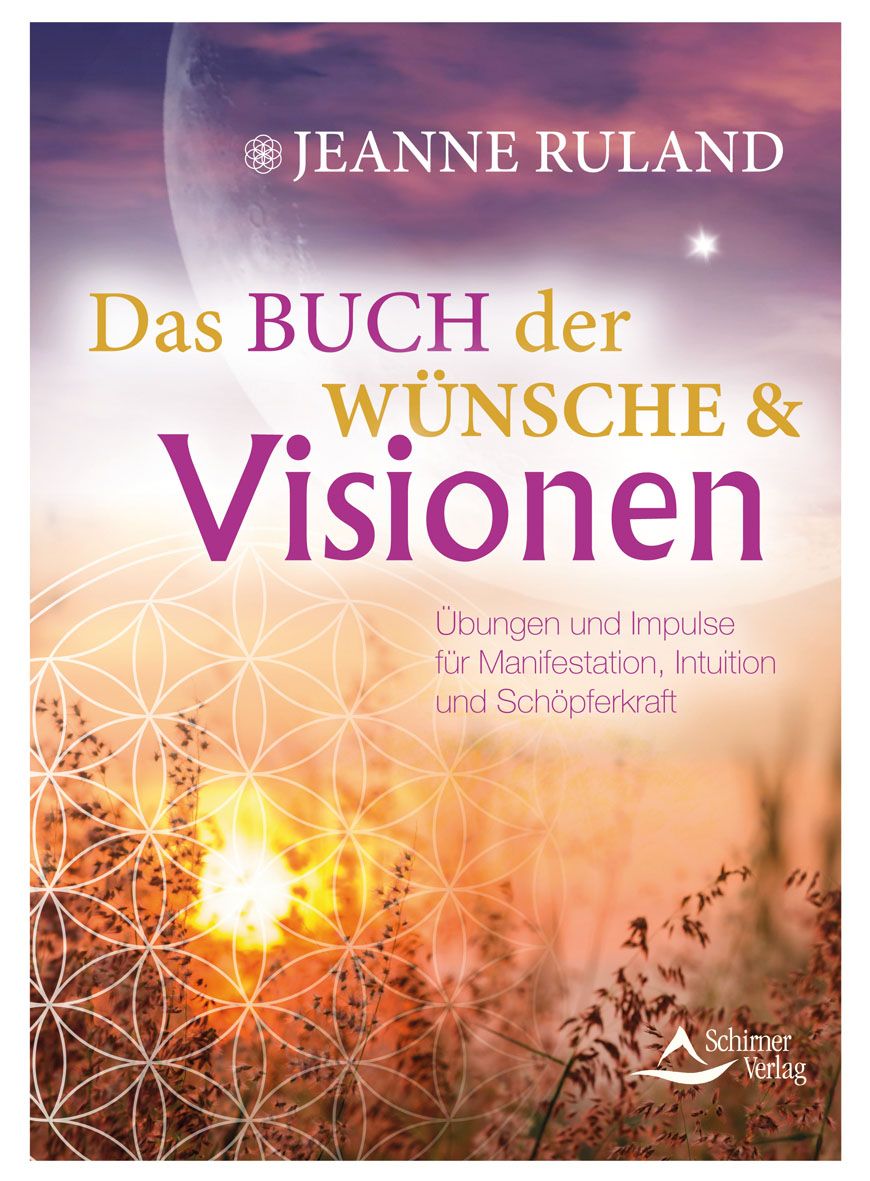 Buchcover mit Titel "Das Buch der Wünsche & Visionen" von Jeanne Ruland. Aufschrift in Gelb und Lila. Verlag Schirmer Verlag.