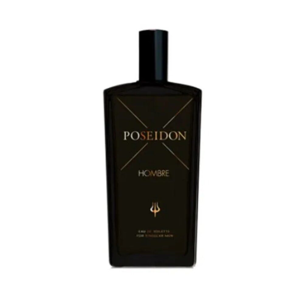 Dunkle Flasche mit Aufschrift POSEIDON, HOMBRE und Dreizack. Schwarzer Verschluss. Rechteckige Form.