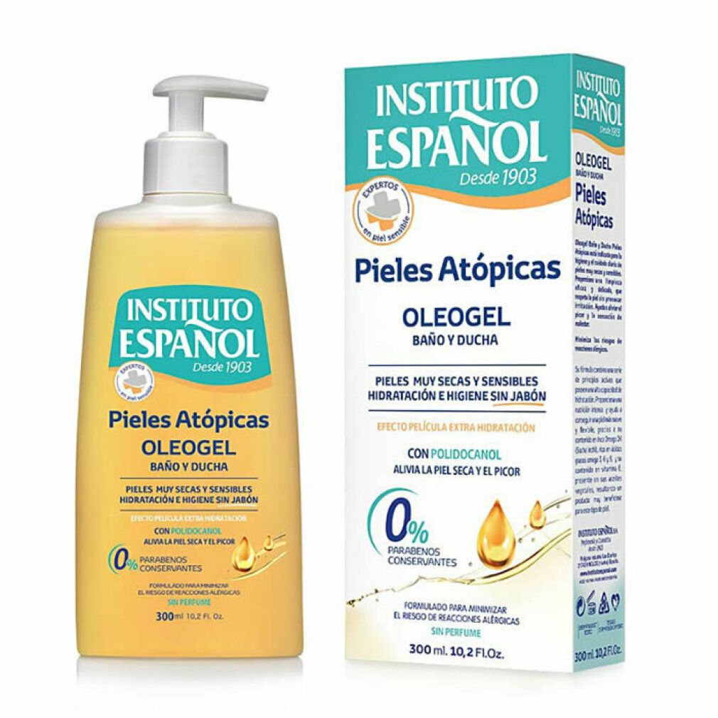 Instituto Español Pelle Atopica Oleogel, Flasche und Verpackung. Gelbe Flüssigkeit, weißer Spender. Text: Pieles Atópicas, 0% Parabene.