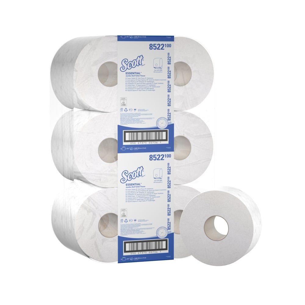 Packung mit sechs Rollen Toilettenpapier. Jede Rolle ist weiß und zylindrisch mit einem zentralen Loch. Die Verpackung zeigt den Markennamen Scott® ESSENTIAL™.