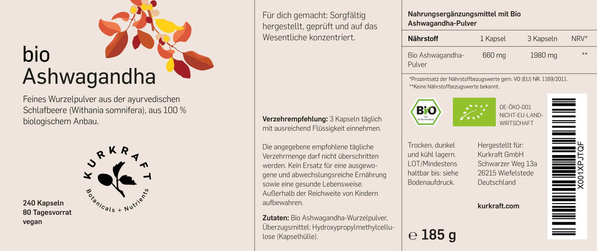 Etikett 'bio Ashwagandha'. Text: 240 Kapseln, 80 Tagesvorrat, vegan. Nährwertangaben. Bio-Siegel.