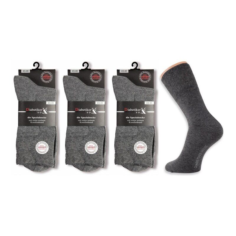 3Paar Herren Diabetiker Socken o. Gummi k. Naht "sehr venenfreundlich" Baumwolle grau Gr.35-38